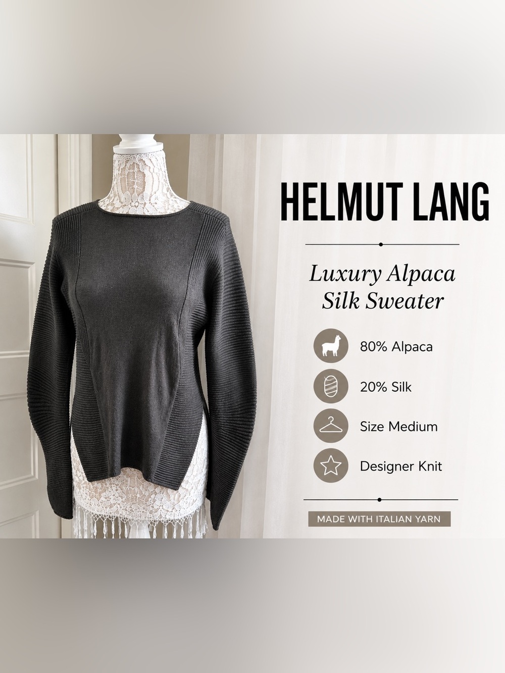 Helmut Lang Alpaca Silk Sweater Medium Gray Ribbed Knit Designer Luxury Pullover